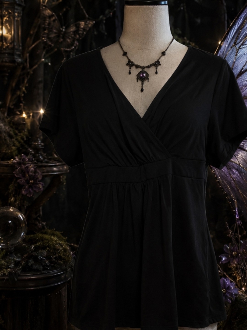 Black V-Neck Short Sleeve Whimsigoth Top